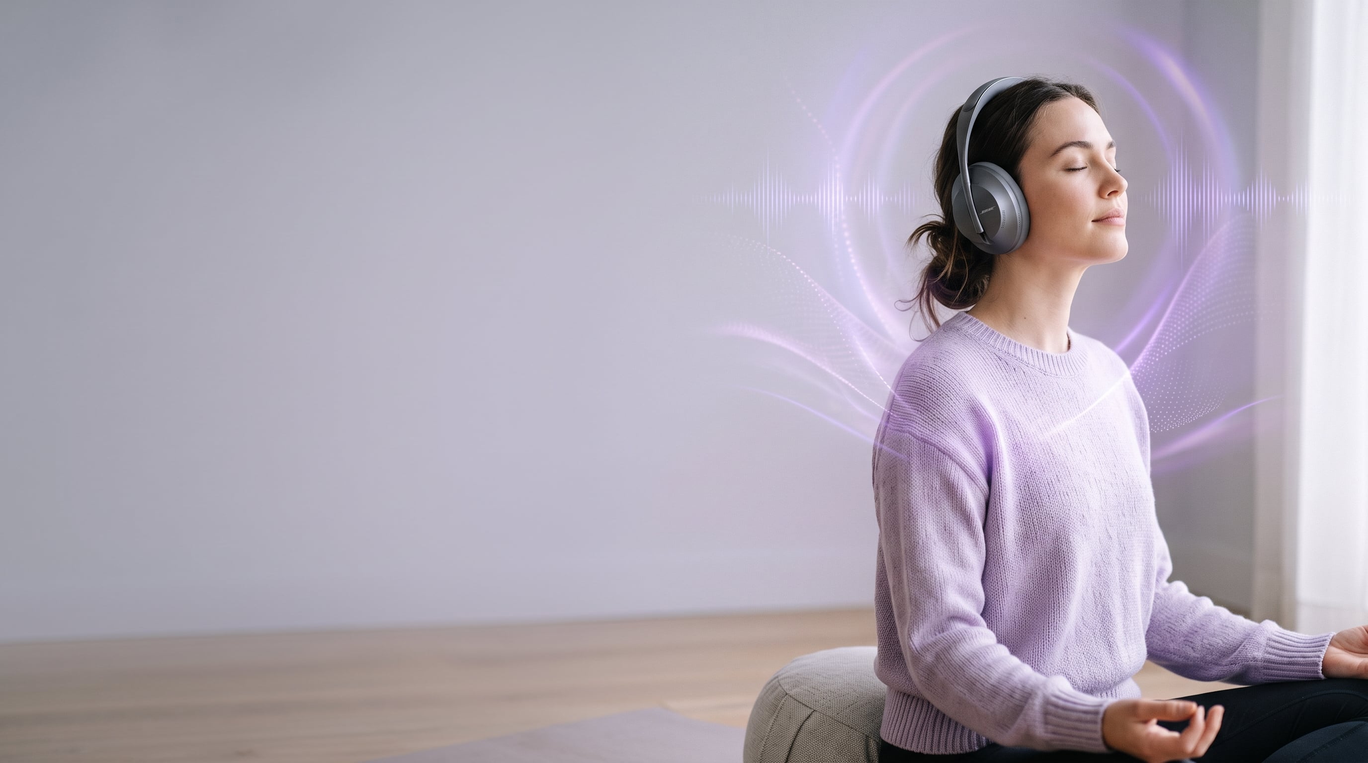 Calm person wearing headphones with soft violet sound-wave light accents