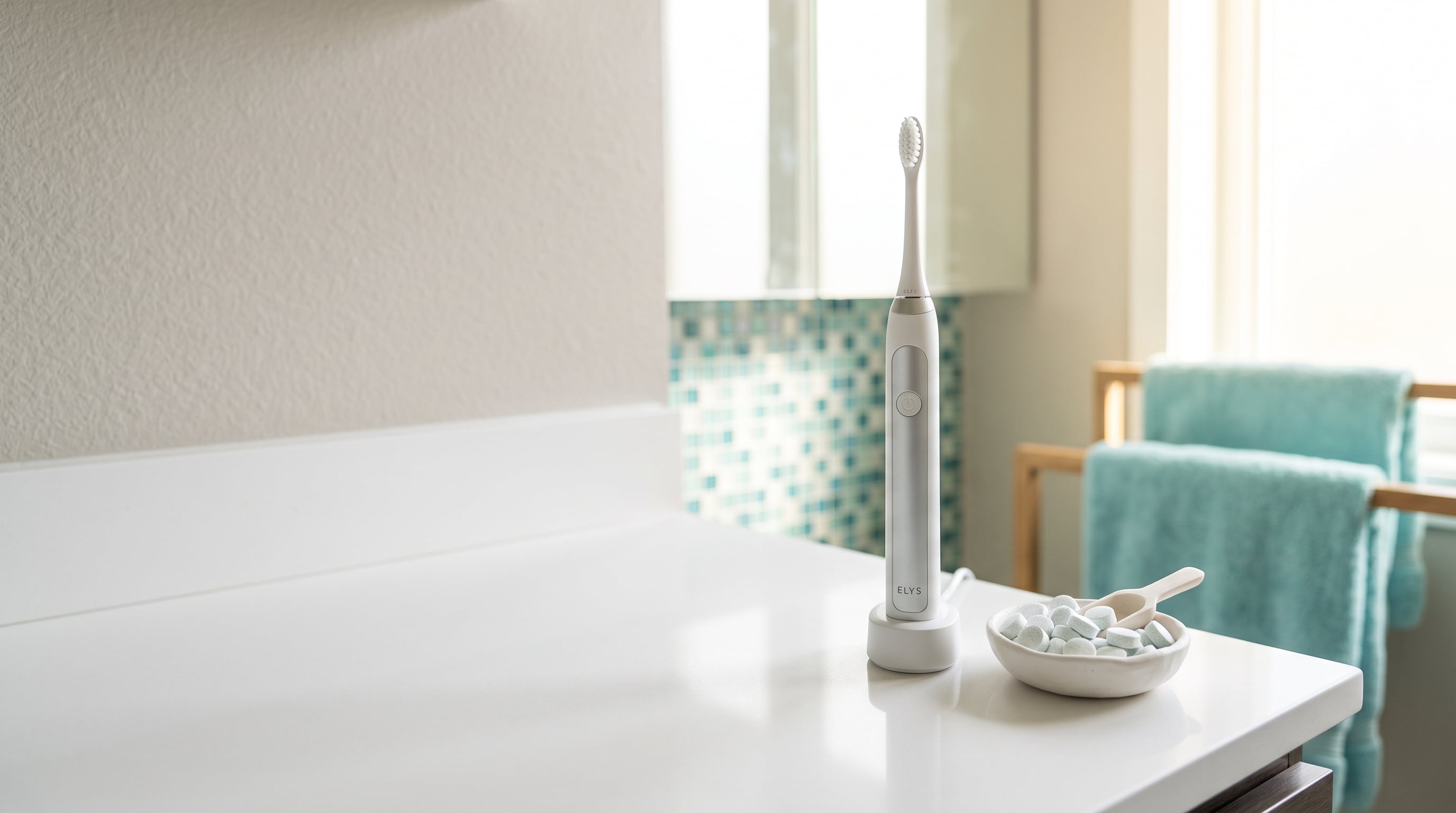 Clean modern bathroom with toothbrush and oral probiotic tablets