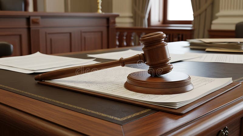 Judge gavel on courtroom desk